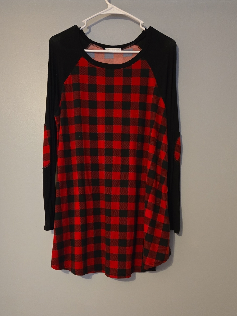Cream n Sugar Elbow Patch Long Sleeve Buffalo Plaid Top